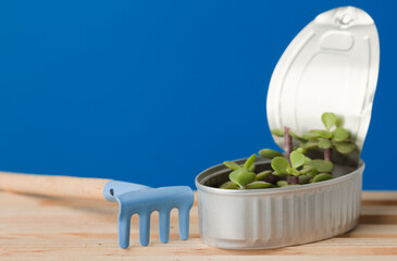 Repurposed can containing growing plants with Recycle, Reuse, Zero Waste at Home, save money, recycle and grow your own plants.