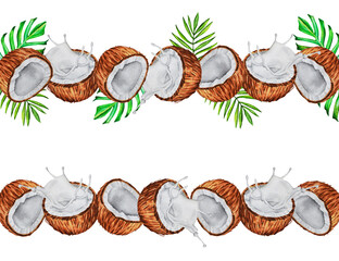 Horizontal pattern. Watercolor coconut with milk, splash and tropical leaves. Hand drawn. Illustration. Linear border.