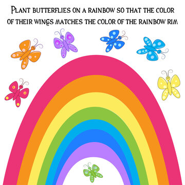 Children's educational game for the little ones to find the match of colors, butterflies and rainbows