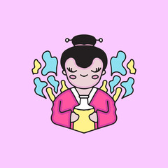 Cute geisha with drinks. illustration for t shirt, poster, logo, sticker, or apparel merchandise.