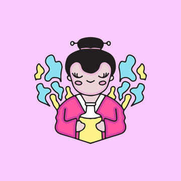 recommend clip art: Cute geisha with drinks. illustration for t shirt, poster, logo, sticker, or apparel merchandise.
