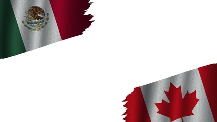 Canada and Mexico Flags Together, Wavy Fabric Texture Effect, Obsolete Torn Weathered, Crisis Concept, 3D Illustration