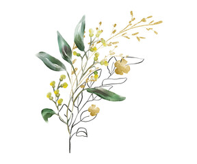 Golden floral and green watercolor leaves illustration. Isolated on white background.