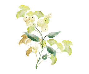 Golden floral and green watercolor leaves illustration. Isolated on white background.