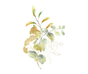 Golden floral and green watercolor leaves illustration. Isolated on white background.