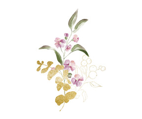 Golden floral and green watercolor leaves illustration. Isolated on white background.