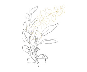 Naklejka na ściany i meble Golden and pencil drawing floral leaves illustration. Isolated on white background.