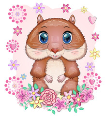 Cute cartoon hamster characters, funny animal muzzle in flower
