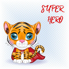 Cute cartoon tiger with beautiful eyes, orange in a red cloak, super hero