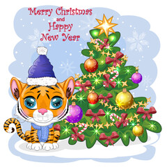 Cartoon tiger in a hat and scarf with a gift near the Christmas tree. Winter time. Children's style, sweetheart. Happy New Year 2022 and Merry Christmas.