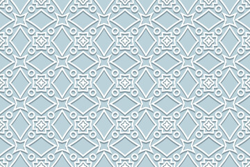 Geometric volumetric convex ethnic white 3D pattern. Embossed blue background in oriental, indonesian, asian styles. Unique arabesque, lace texture, paper cut ornament.
