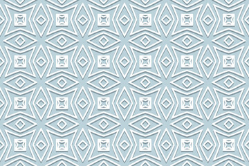 Geometric volumetric convex ethnic white 3D pattern. Embossed blue background in oriental, indonesian, asian styles. Fashionable arabesque, lace texture, paper cut ornament.