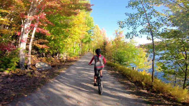 Autumn Mountain biking in fall. Mountain biker riding MTB bicycle on forest gravel trail in fall foliage with colorful leaves. Woman living healthy sports lifestyle in the Laurentians, Quebec, Canada