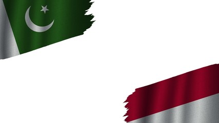 Indonesia and Pakistan Flags Together, Wavy Fabric Texture Effect, Obsolete Torn Weathered, Crisis Concept, 3D Illustration
