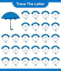 Trace the letter. Tracing letter with Umbrella. Educational children game, printable worksheet, vector illustration
