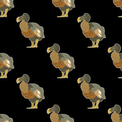 Seamless animal pattern with silhouettes of extinct bird Dodo. (Raphus cucullatus). Flat cartoon style. On black background. © Olena