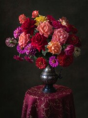 Still life with splendid bouquet of garden flowers