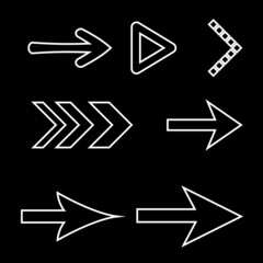 Icon Set of Flat Arrows. Isolated Arrow Icon Collection for Back and Next User Interface Icons. Different Concept for Previous or Forward Minimal Web Buttons on Black Background