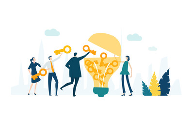 Business people working together with the project. Businessman puts golden keys in the light bulb. Finding solution. Creative approach in business 