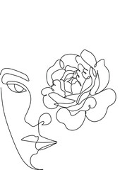 Minimal Line Art Woman with Flowers Poster. One line drawing flower face Art. Flower Face Woman Vector