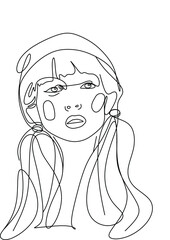 One Line Art Woman in dress Drawing.  Woman in hat Vector. Female Logo. Contouring Line. Minimalist Hat. Wedding salon