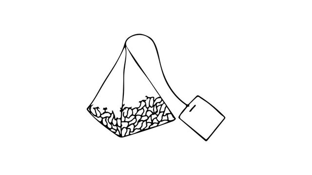 Doodle animation of pyramid tea bag. Drawing animation of triangle tea bag on white background. Line drawing animation of tea bag