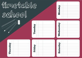 Colorful school timetable with rose and dark green abstractions. Landscape orientation. Vector illustration.