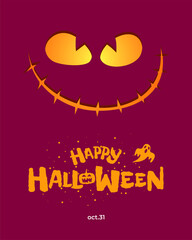 Happy Halloween party poster design template. Jack O Lantern pumpkin on burgundy color background and hand drawn inscription with ghost. Traditional October 31 holiday greeting card. Vector eps banner