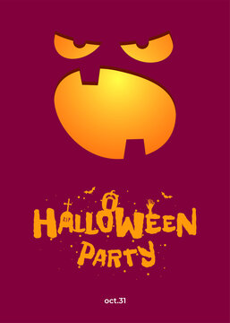 Happy Halloween party poster design template. Jack O Lantern pumpkin on burgundy color background and hand drawn inscription. Traditional October 31 holiday greeting card. Vector eps banner
