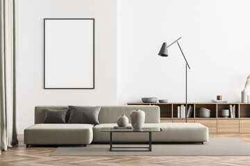 Poster in a beige living room with on trend minimalist furniture
