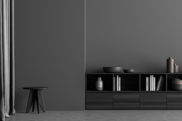 Minimalist dark grey living room with stool