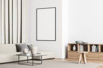 Poster in a minimalist light beige living room with stool. Corner view.