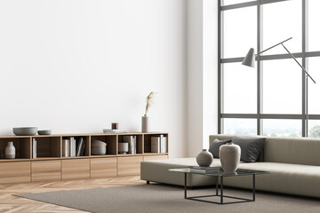 Minimalist white and beige living room with panoramic window. Corner view.