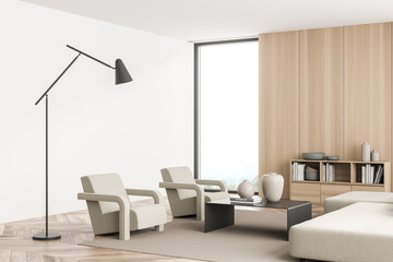 Beige living room with wooden and white materials. Corner view.