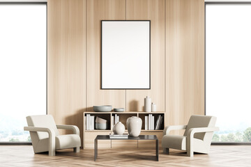 Poster on wooden wall of waiting room in panoramic background