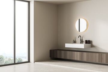 Corner view on bright bathroom interior with panoramic window