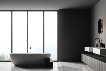 Fototapeta na wymiar Dark bathroom interior with bathtub, panoramic window, carpet, concrete floor