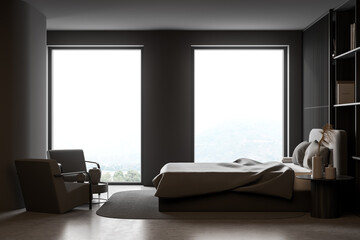 Fototapeta premium Bright bedroom interior with large bed, panoramic window and armchairs