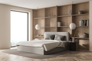 Bright bedroom interior with large bed, panoramic window