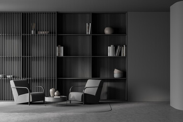 Dark living room interior with two comfortable armchairs