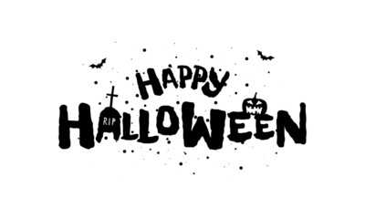 Happy Halloween holiday hand drawn lettering design. Traditional festival inscription with spooky Jack O Lantern pumpkin in cemetery. Vector greeting card or invitation black cover template