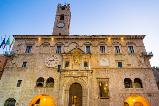 Sunset view of the Palace of the People's Captains in Ascoli Piceno, Italy