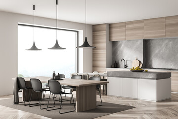 Corner view on kitchen room interior with dining table