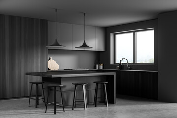 Corner dark wood kitchen with grey walls
