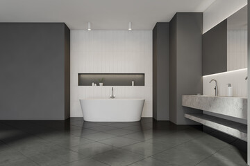 White and grey minimalist bathroom design with horizontal accents
