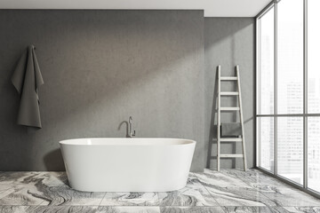 Naklejka na ściany i meble Dark bathroom interior with bathtub and empty concrete wall