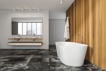 Naklejka na ściany i meble Bright bathroom interior with bathtub, sink and mirror