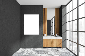 Dark bathroom interior with empty white poster and panoramic window