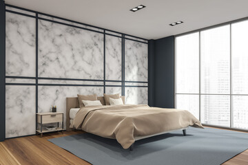 Modern marble bedroom in blue and beige