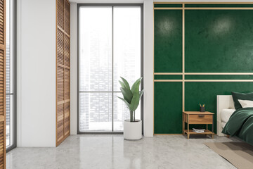 Window area of bright green and grey bedroom with wood panel details